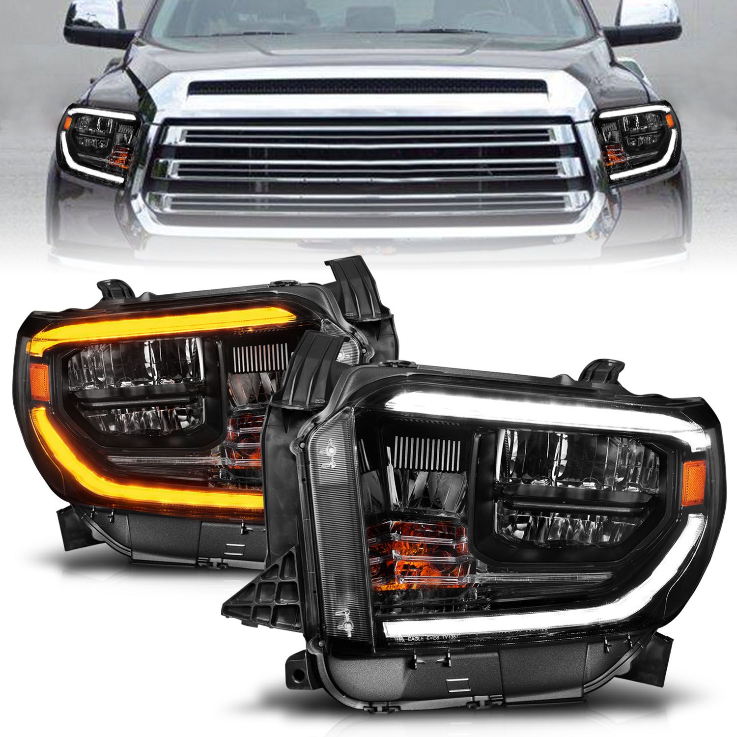 Anzo LED Crystal Switchback Plank Style Headlights Black (Led High/Low Beam) (For Oem Halogen Model W/ Halogen DRL); 2014-2017 Tundra - Click Image to Close