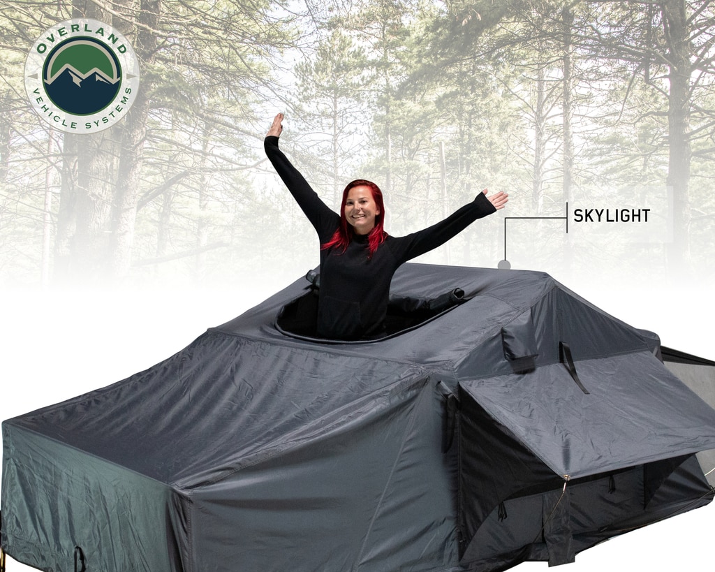 Overland Vehicle Systems Roof Top Tent 4 Person Extended Roof Top Tent Dark Gray Base With Green Rain Fly With Bonus Pack Nomadic