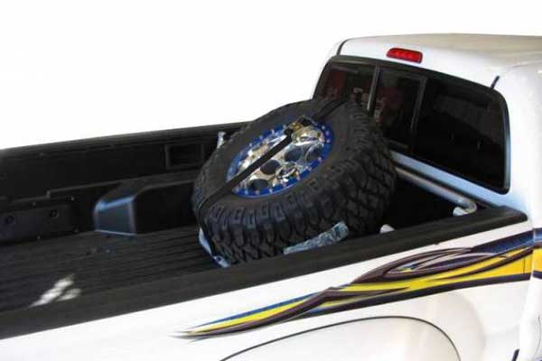 N-Fab Universal Bed Mounted Tire Carrier - Textured Black w/Blue Strap