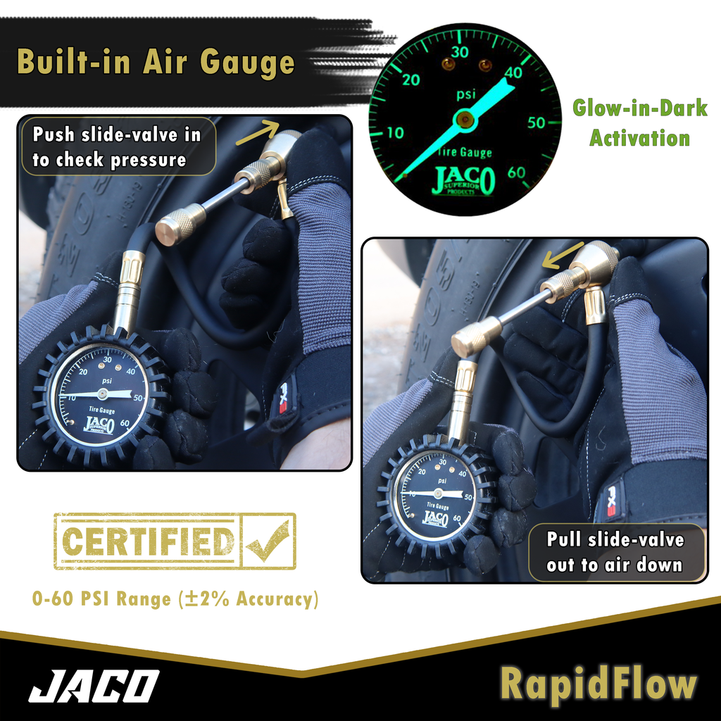 JACO RapidFlow Tire Deflator Gauge (0-60 PSI)